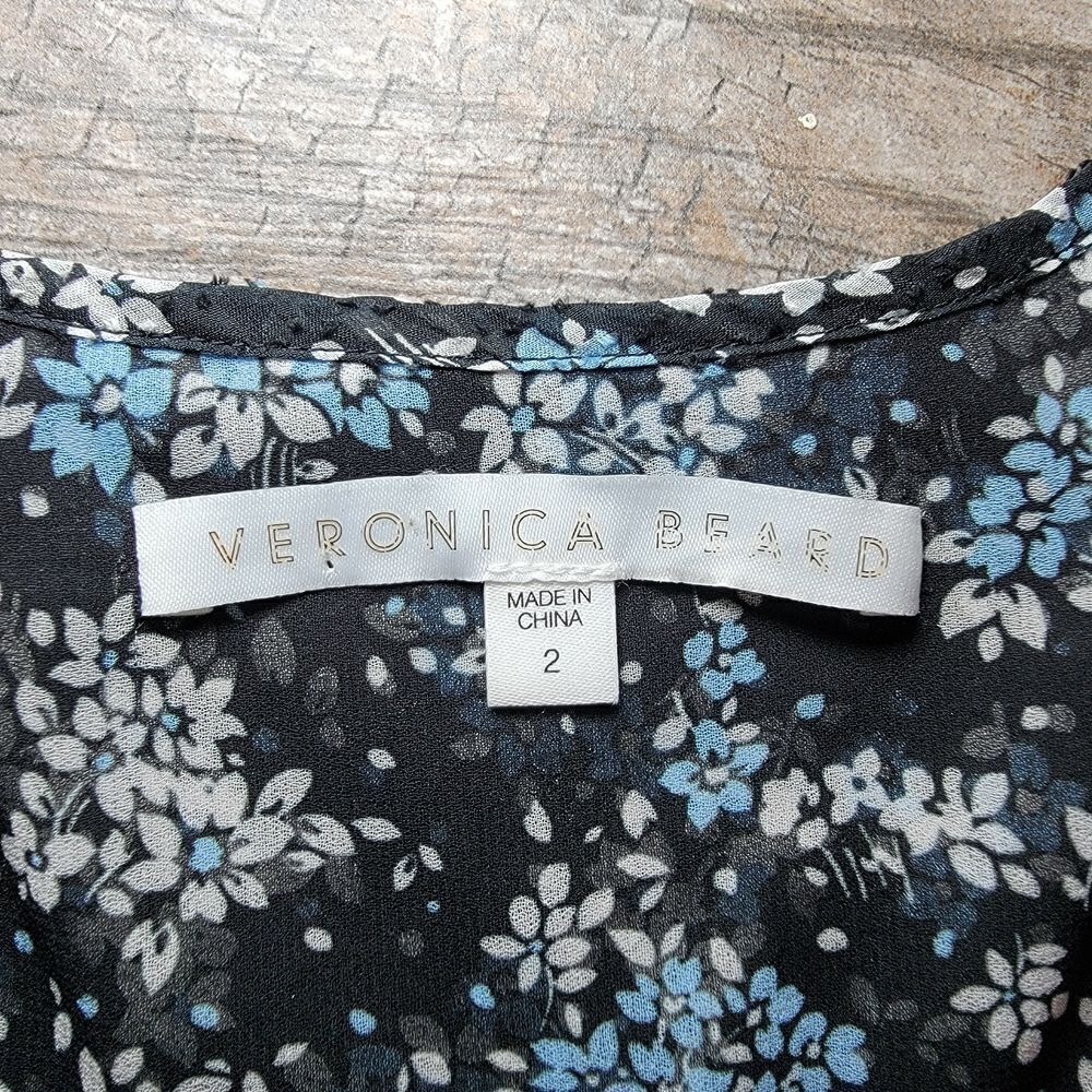 VERONICA BEARD Sean Silk Mini Dress Sz 2 Blue Black Floral Bell Sleeve Sheer - Picture 3 of 12